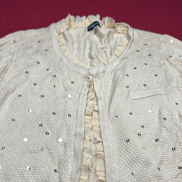 Colleen Lopez BEIGE tan shiny knit hook Cardigan sweater ruffles 3/4 sleeves 3X - Picture 15 of 15